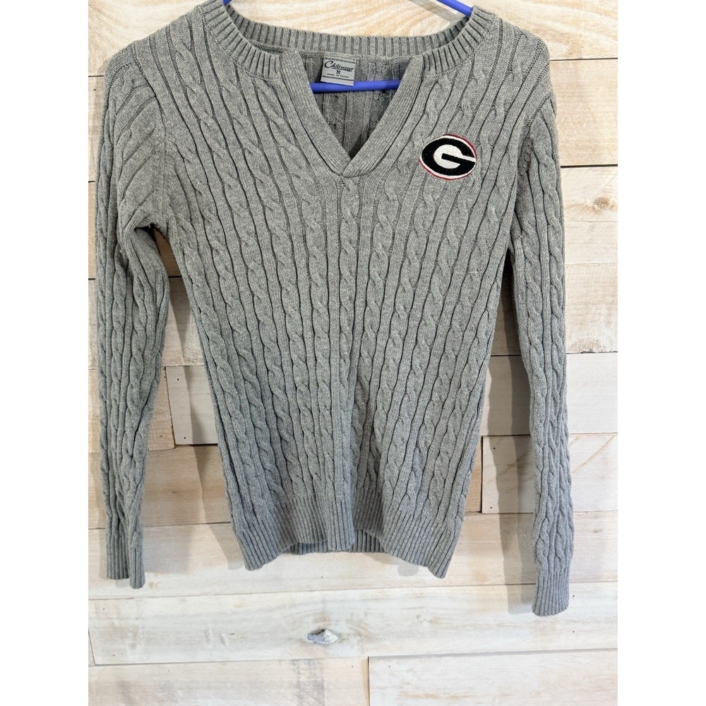 UGA Dawgs Chunky knit V-neck Sweater Top Embroidered Collegiate Gray Women (M)